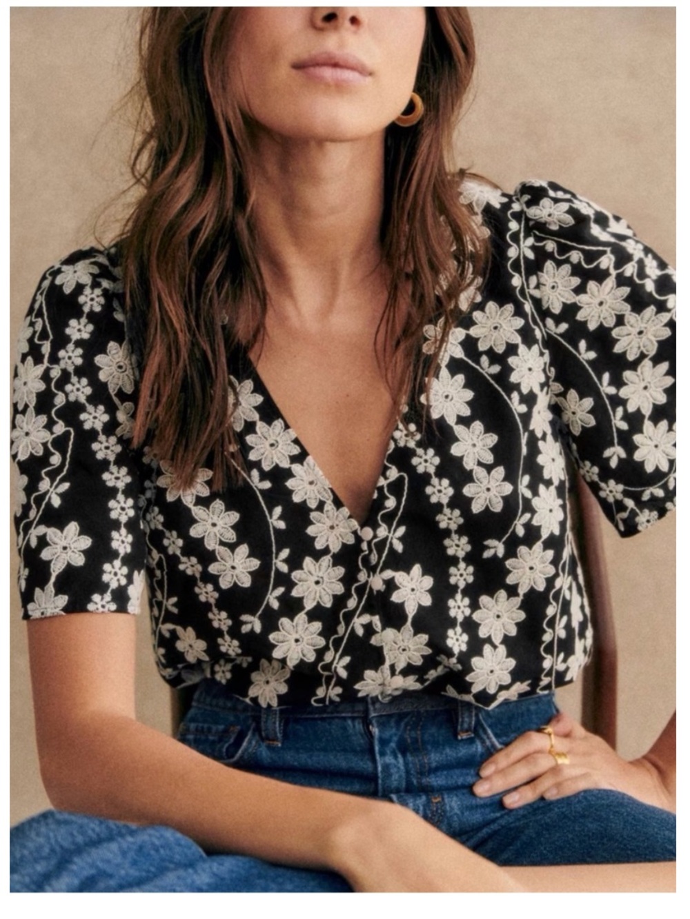 🆕 Sezane Emma Embroidered Blouse Top in Ecru Black Size 36 / 4